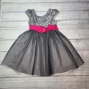 Joan Michelle Girls Party Dress Size 7 Gray Lace Tulle Pink Sash